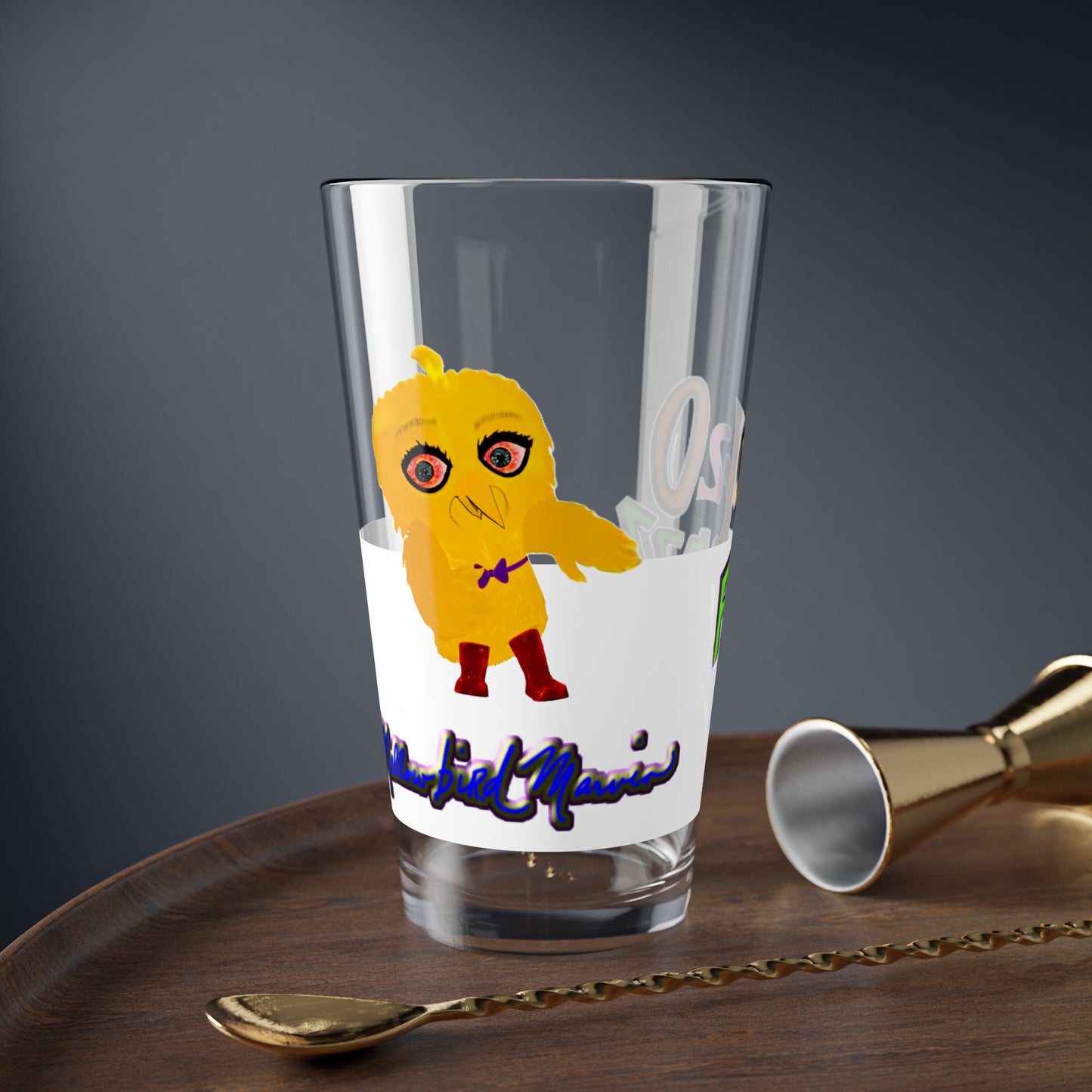 "Mellowbird" Marvin, the chillest of the 420 frinzz. Drinking & Mixing Glass, 16oz