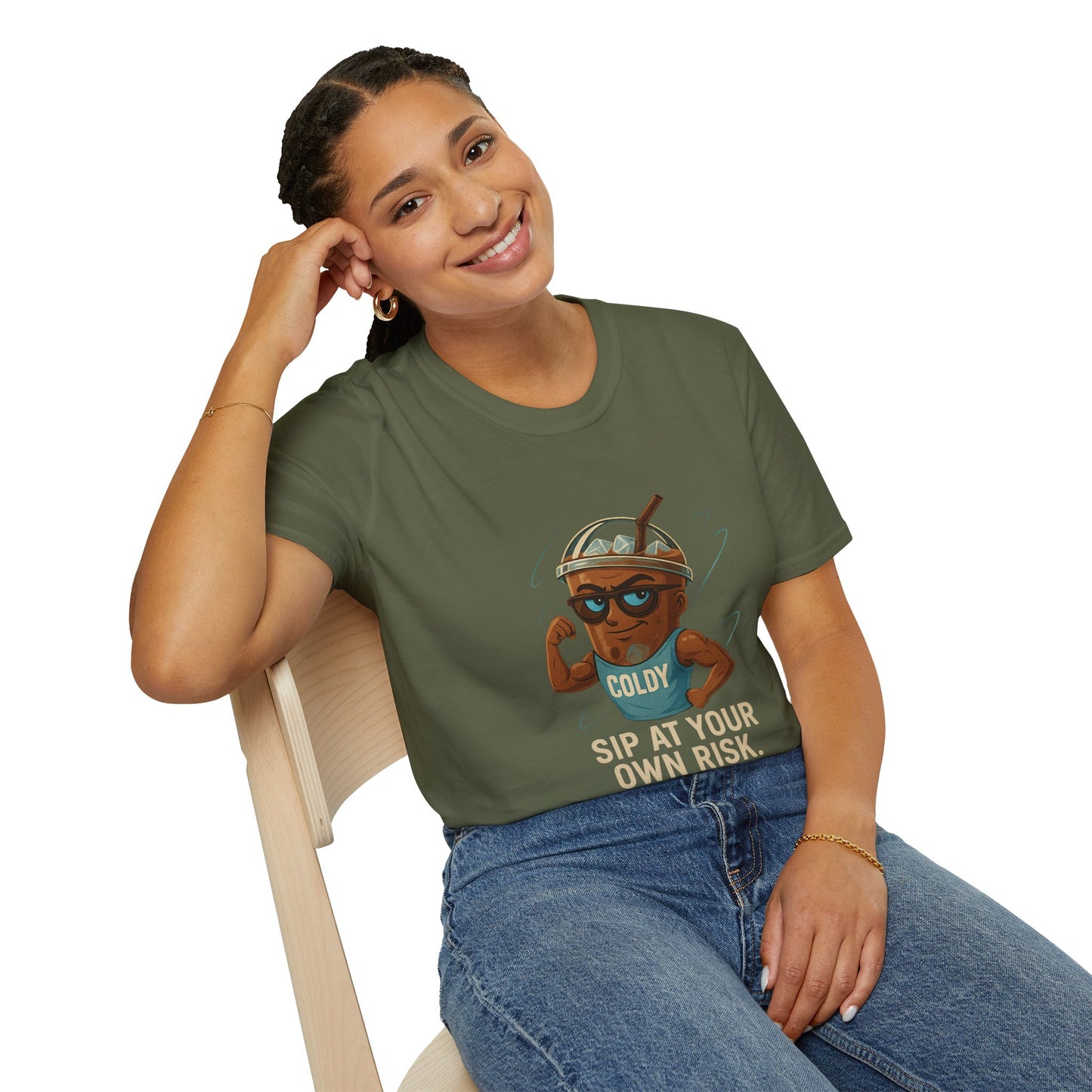 Iced Coffee Character: Coldy – “Sip at Your Own Risk” Unisex Softstyle T-Shirt