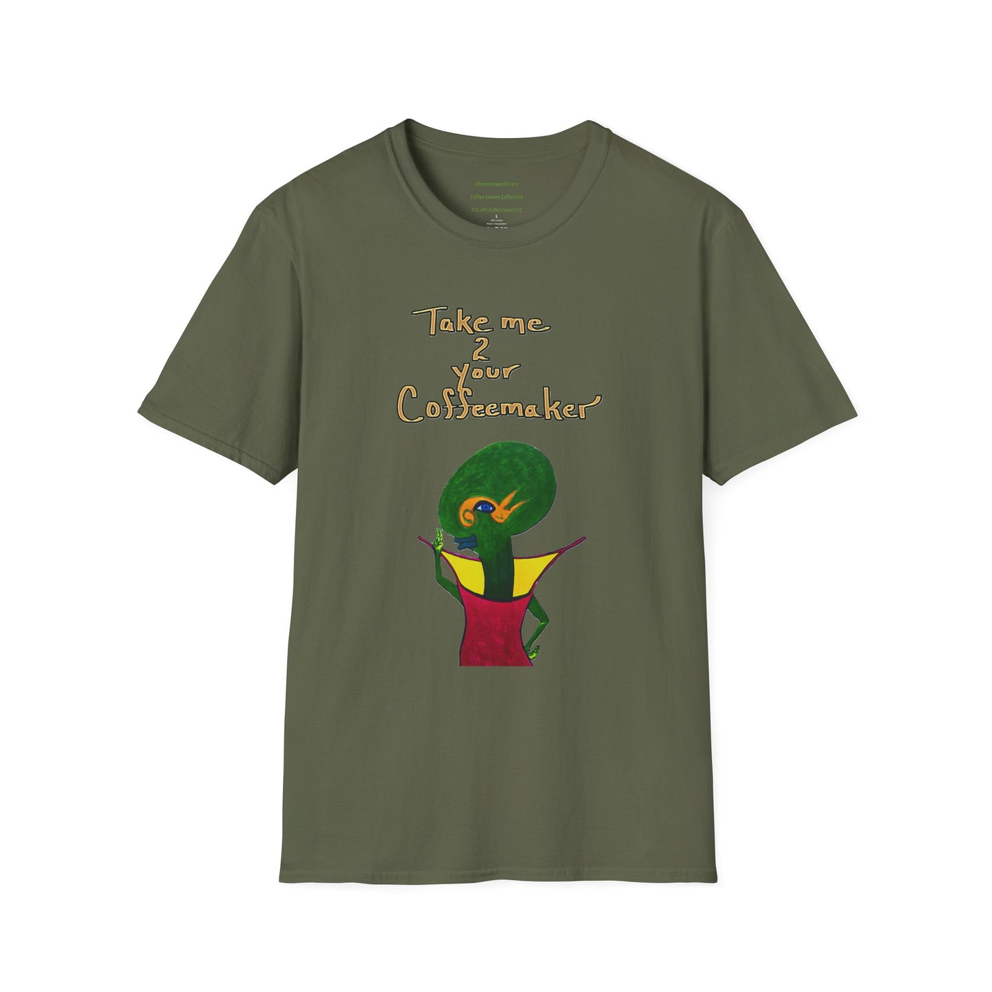 Coffee Lover Alien Graphic Unisex T-Shirt, Funny Travel Tee, Take Me To Your Coffeemaker Shirt, Softstyle Caffeine Top, Gift for Barista,