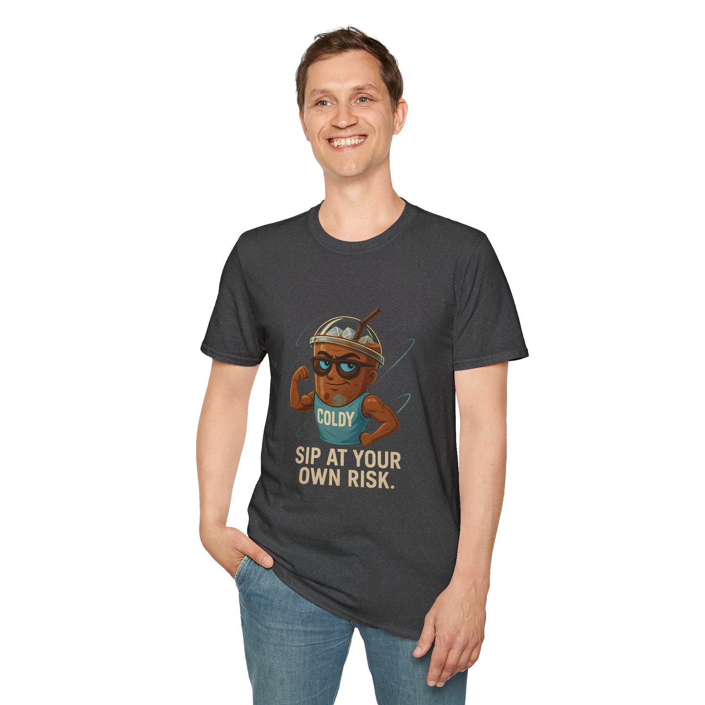Iced Coffee Character: Coldy – “Sip at Your Own Risk” Unisex Softstyle T-Shirt