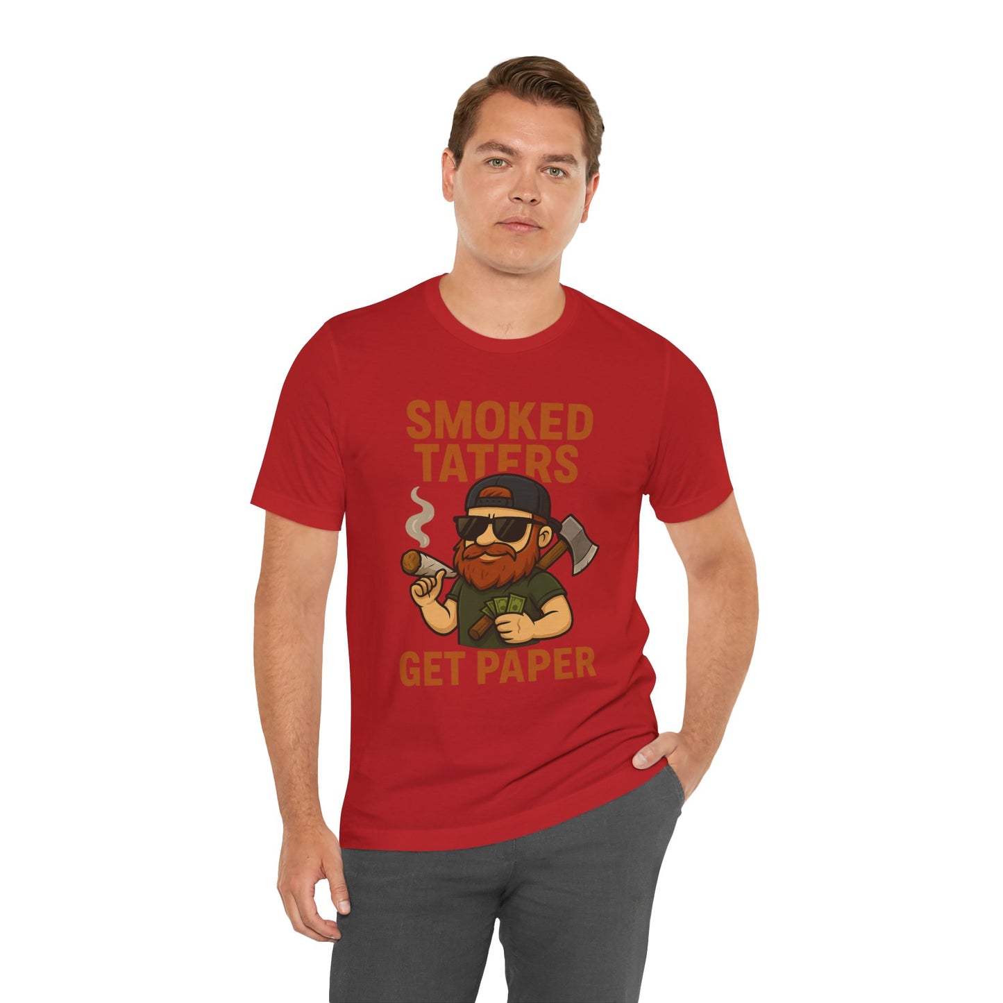🌲🔥🪓 Smoked Taters Get Paper – Tater’s Ultimate Logging Guide Tee Design 4 Unisex Jersey Short Sleeve Tee