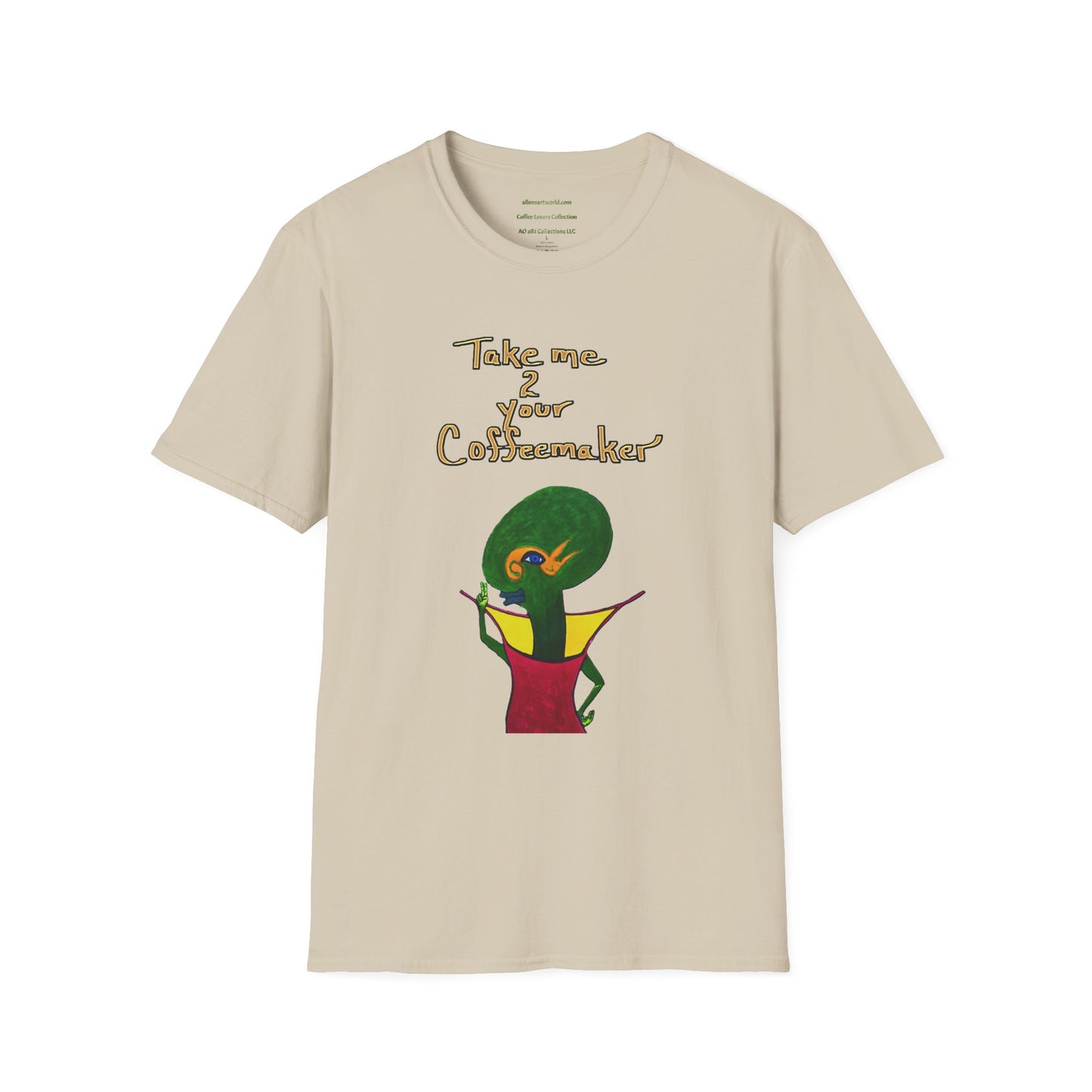 Coffee Lover Alien Graphic Unisex T-Shirt, Funny Travel Tee, Take Me To Your Coffeemaker Shirt, Softstyle Caffeine Top, Gift for Barista,