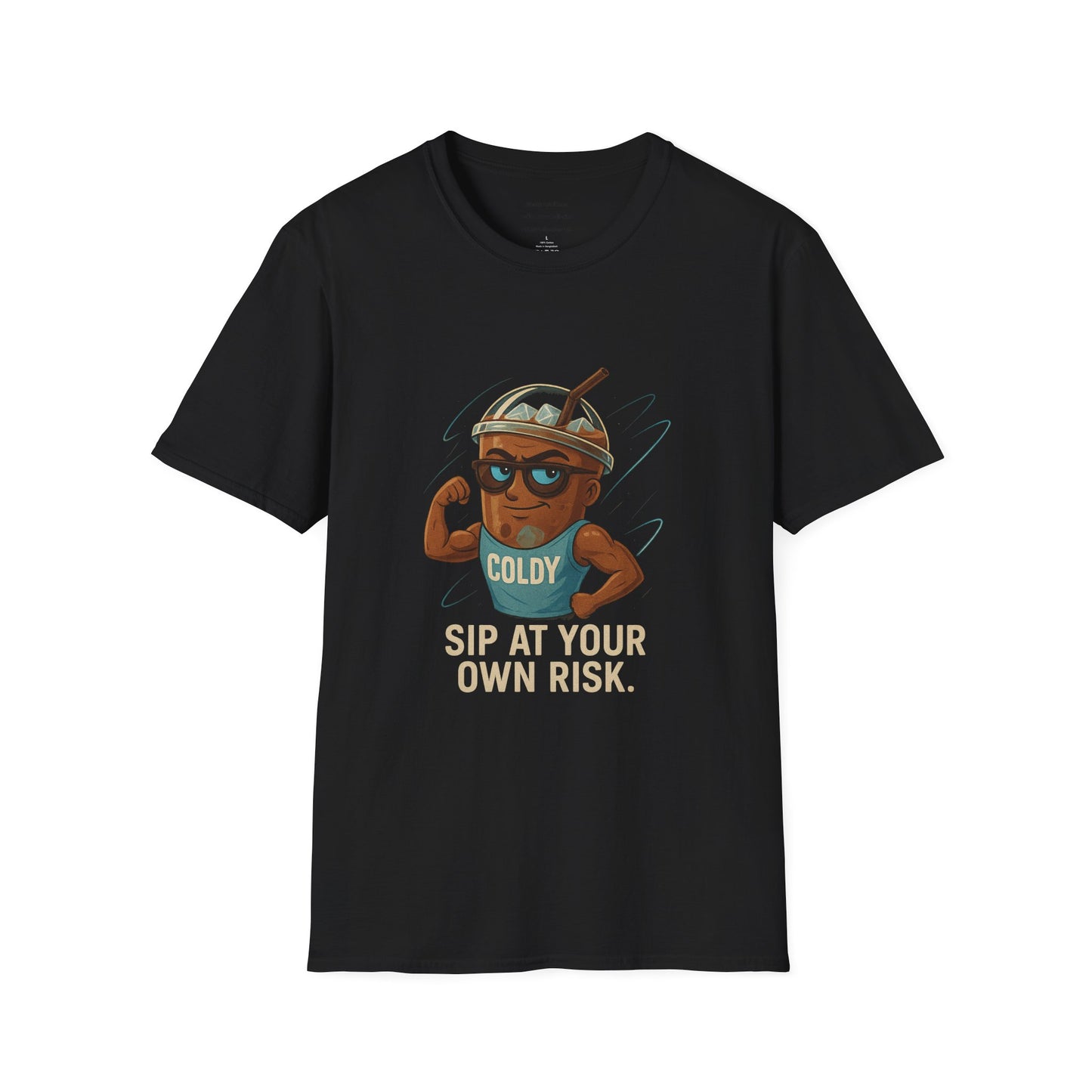 Iced Coffee Character: Coldy – “Sip at Your Own Risk” Unisex Softstyle T-Shirt