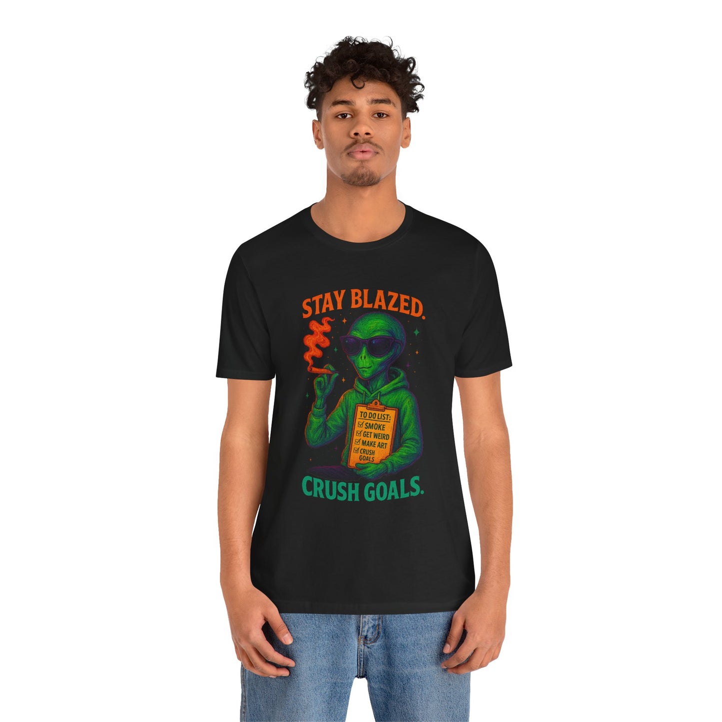 ⏰4️⃣2️⃣0️⃣🌿😂 🛹👽 Stay Blazed. Crush Goals. – Design #3 from the “SkateBoards to Crush Goals” Series Unisex Jersey Short Sleeve Tee