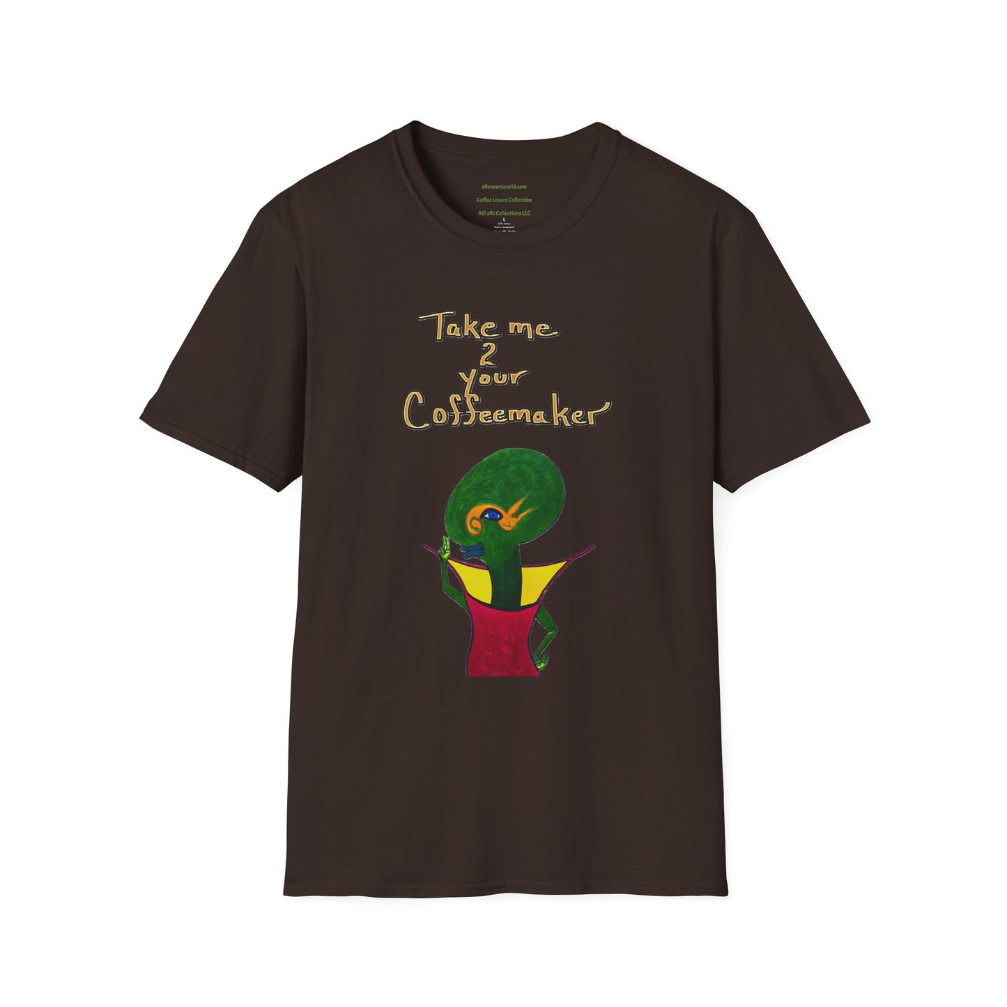 Coffee Lover Alien Graphic Unisex T-Shirt, Funny Travel Tee, Take Me To Your Coffeemaker Shirt, Softstyle Caffeine Top, Gift for Barista,