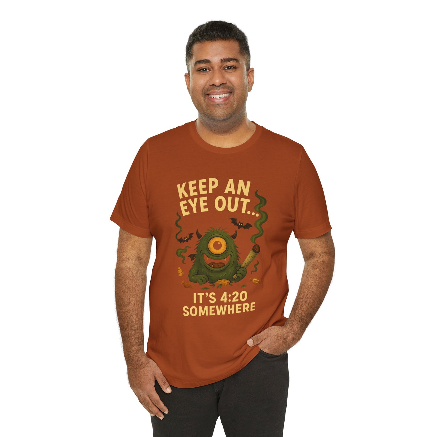 🕯️Keep an Eye Out — It’s 4:20 Somewhere (Ember Bud | Holidazed) Unisex Jersey Short Sleeve Tee