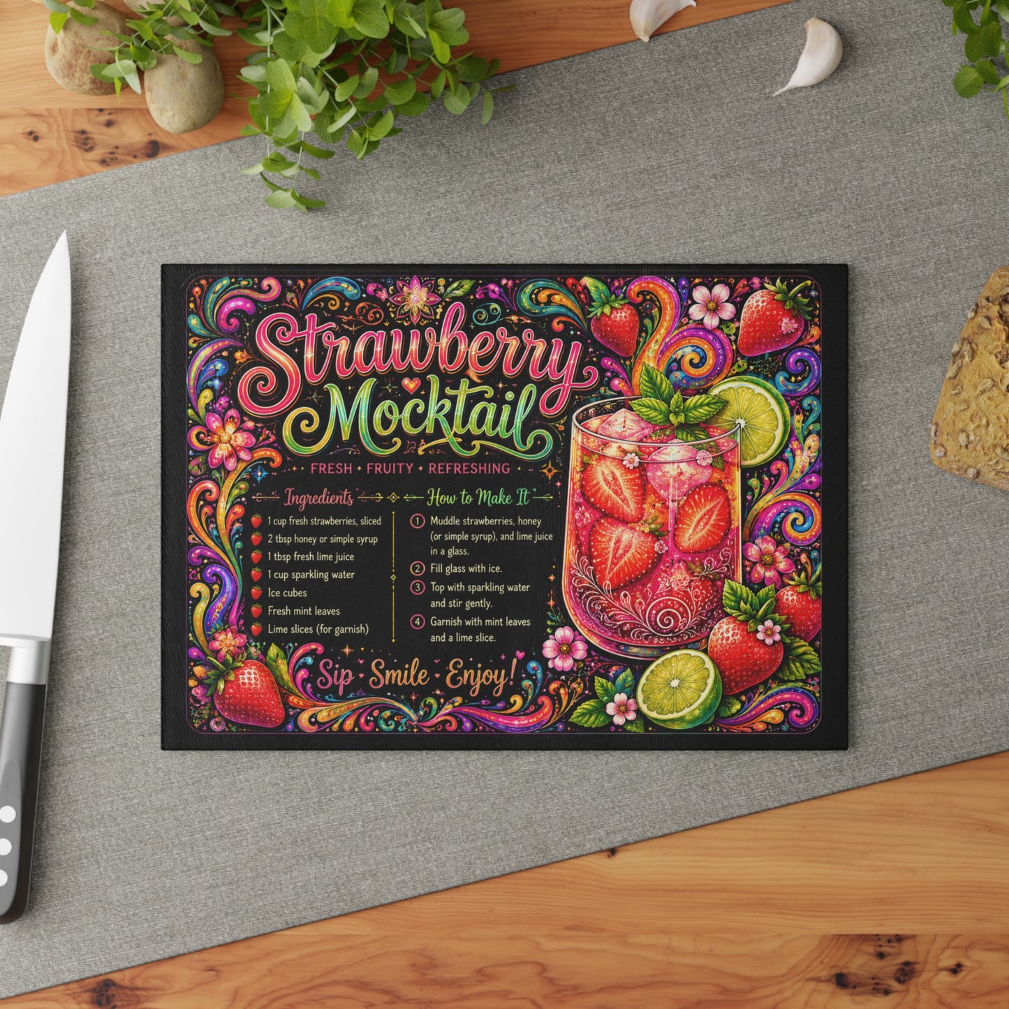 Strawberry Mocktail Glass Cutting Board β Colorful Summer Kitchen Decor β Psychedelic Fruit Recipe Board β Fun Cocktail Inspired Gift