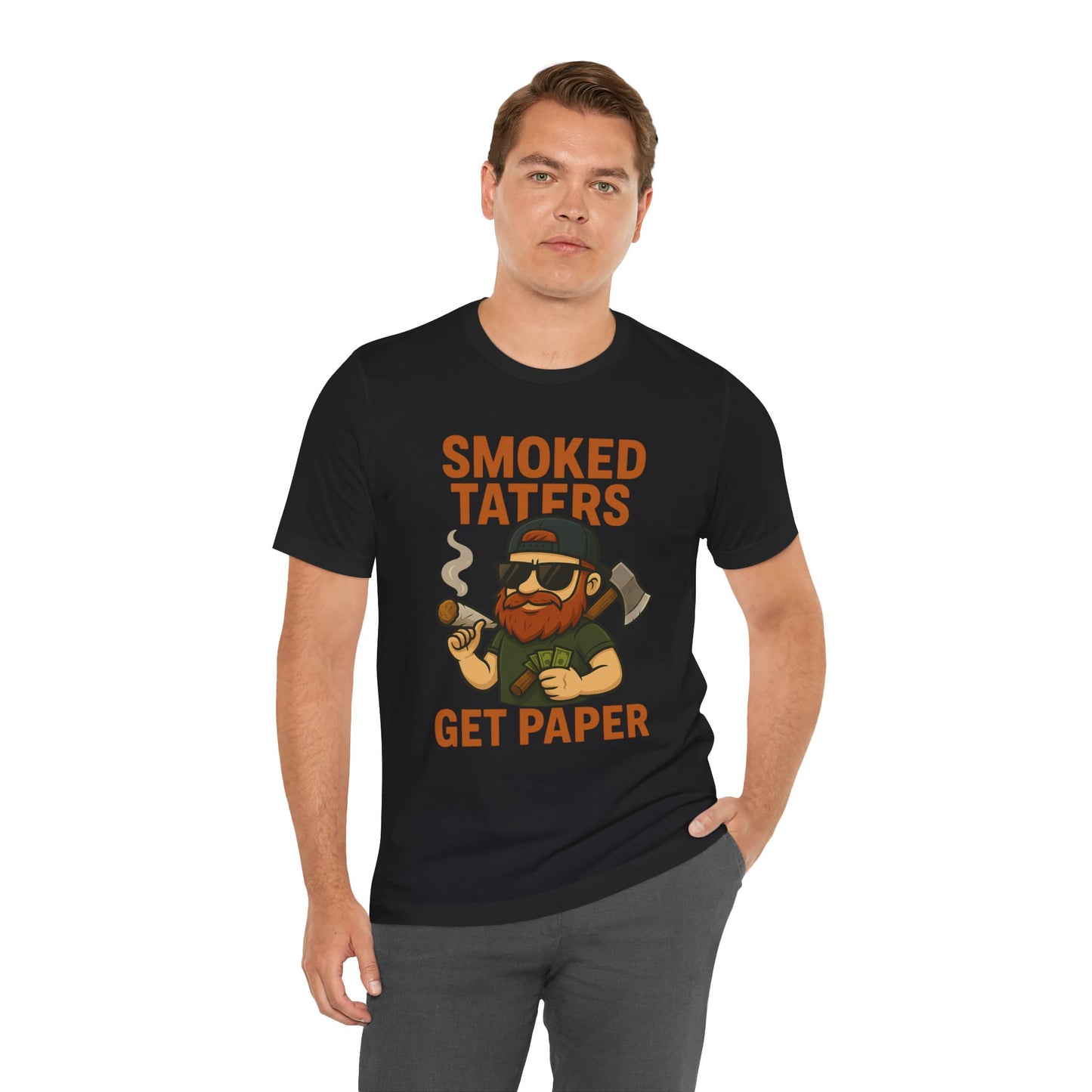 🌲🔥🪓 Smoked Taters Get Paper – Tater’s Ultimate Logging Guide Tee Design 4 Unisex Jersey Short Sleeve Tee