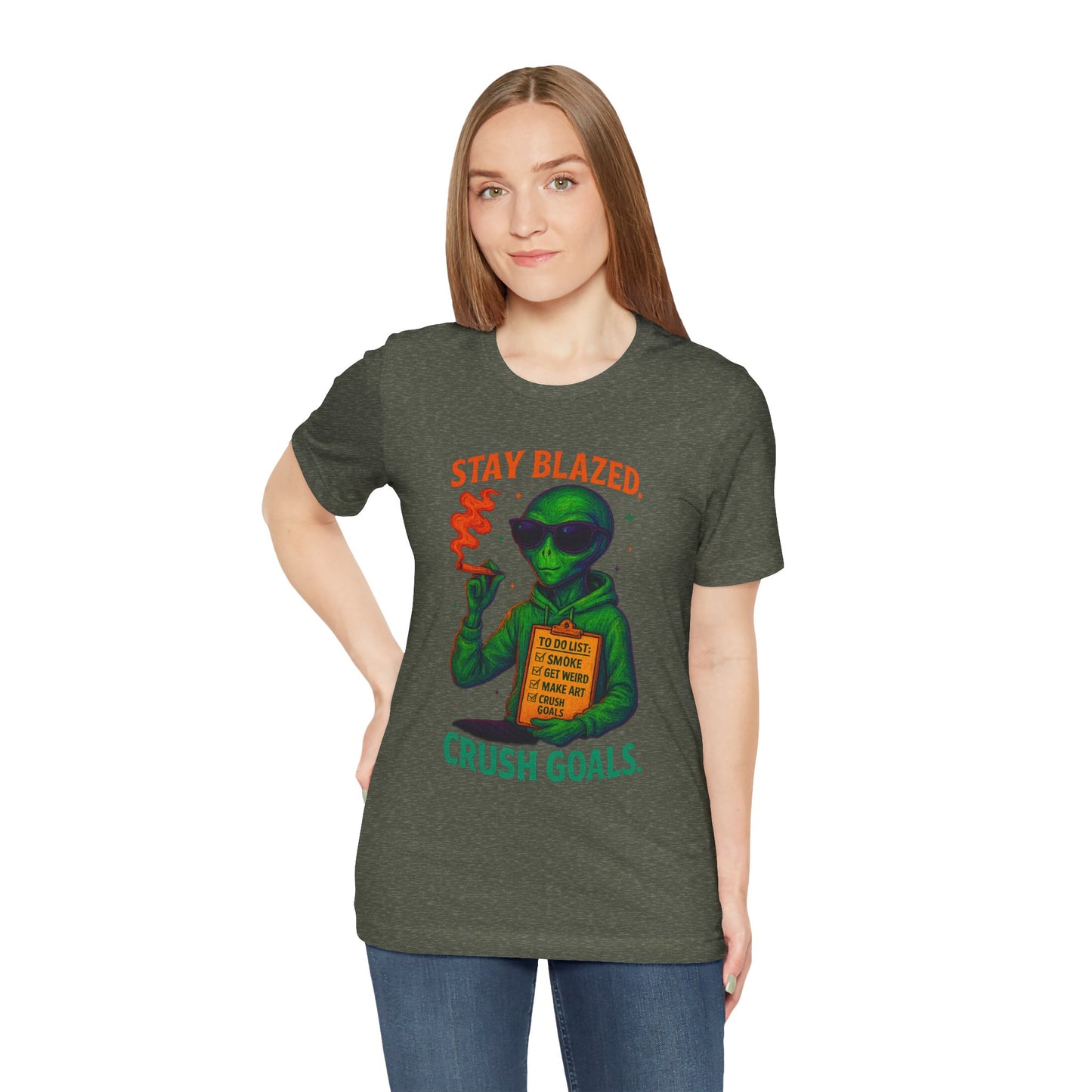 ⏰4️⃣2️⃣0️⃣🌿😂 🛹👽 Stay Blazed. Crush Goals. – Design #3 from the “SkateBoards to Crush Goals” Series Unisex Jersey Short Sleeve Tee