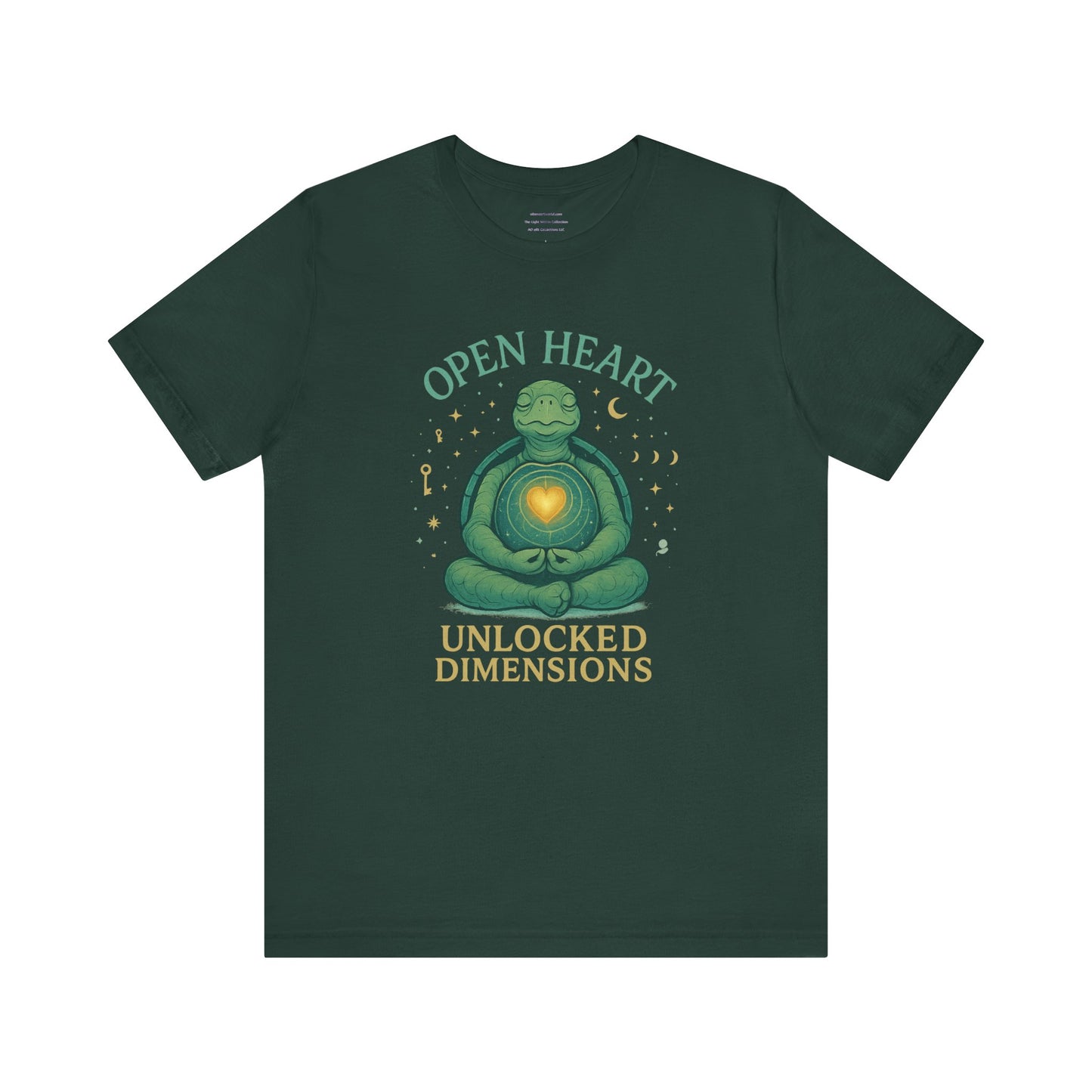 Open Heart, Unlocked Dimensions — Turtle of Timeless Light Unisex Jersey Short Sleeve Tee