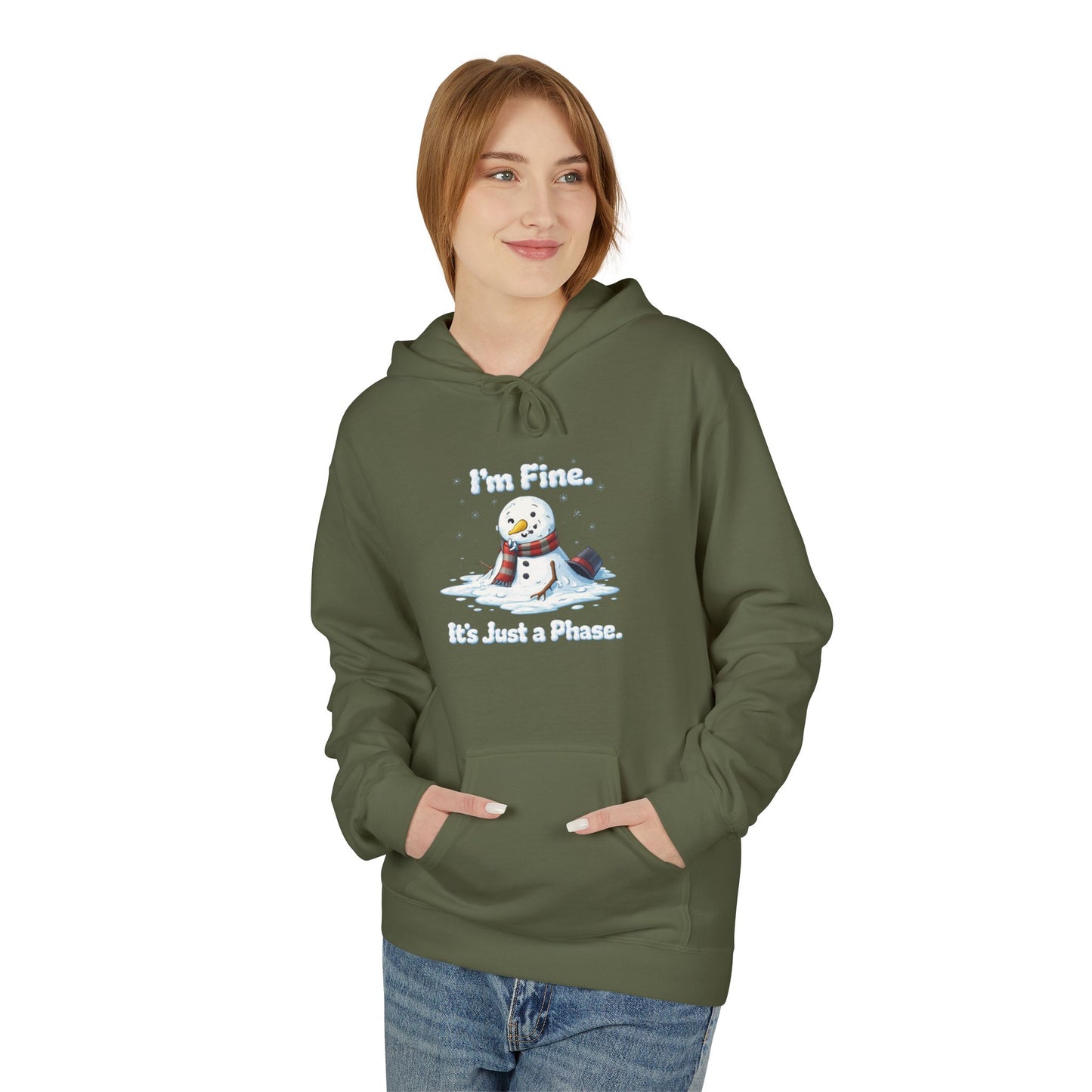 “I’m Fine. It’s Just a Phase.” Snowman Holiday Unisex Midweight Softstyle Fleece Hoodie