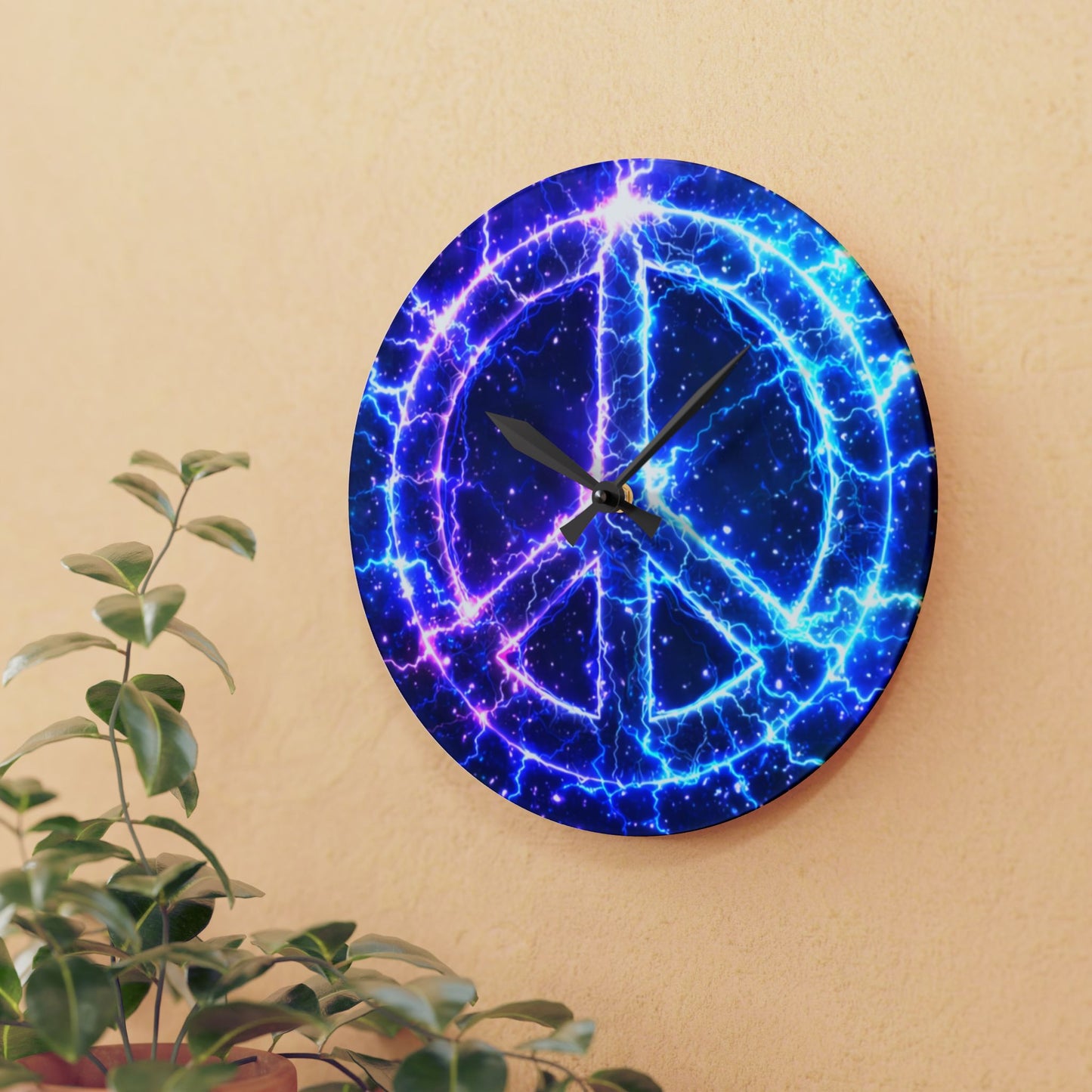 Electric Peace Acrylic Wall Clock – Neon Cosmic Peace Sign Decor