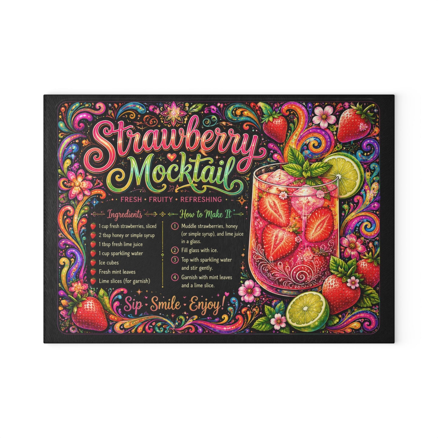 Strawberry Mocktail Glass Cutting Board – Colorful Summer Kitchen Decor – Psychedelic Fruit Recipe Board – Fun Cocktail Inspired Gift