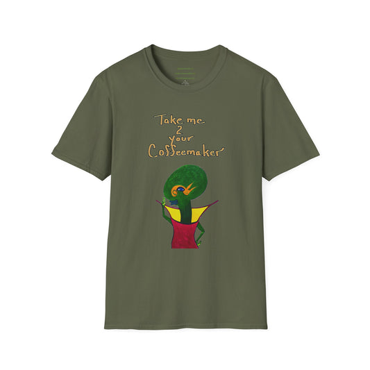 Coffee Lover Alien Graphic Unisex T-Shirt, Funny Travel Tee, Take Me To Your Coffeemaker Shirt, Softstyle Caffeine Top, Gift for Barista,