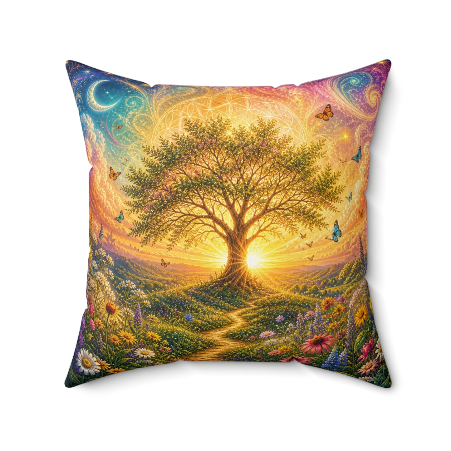 Golden Renewal – Tree of Light|Faux Suede Pillow -The Light Within Home Collection