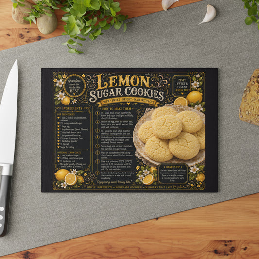 Lemon Sugar Cookies Glass Cutting Board – Colorful Kitchen Decor – Retro Baking Recipe Board – Cottagecore Dessert Gift