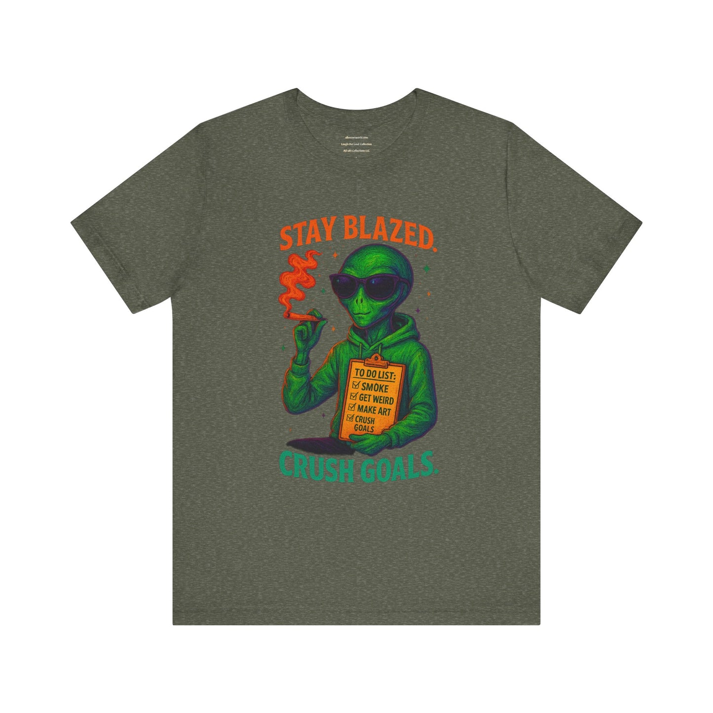 ⏰4️⃣2️⃣0️⃣🌿😂 🛹👽 Stay Blazed. Crush Goals. – Design #3 from the “SkateBoards to Crush Goals” Series Unisex Jersey Short Sleeve Tee