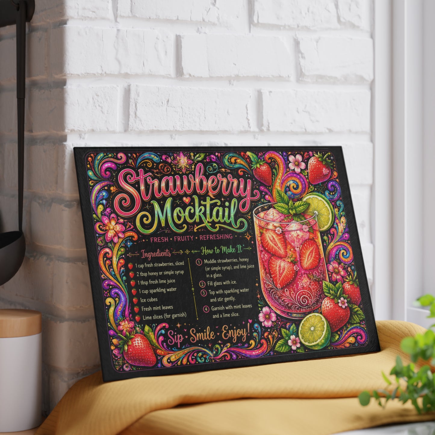 Strawberry Mocktail Glass Cutting Board – Colorful Summer Kitchen Decor – Psychedelic Fruit Recipe Board – Fun Cocktail Inspired Gift
