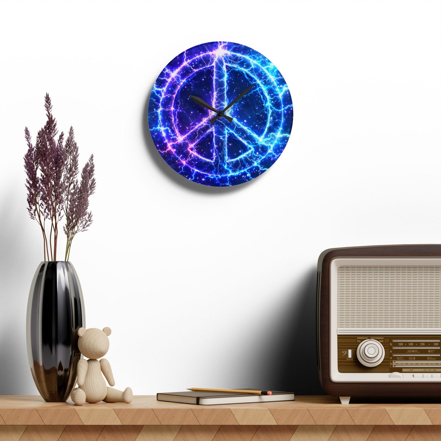 Electric Peace Acrylic Wall Clock – Neon Cosmic Peace Sign Decor