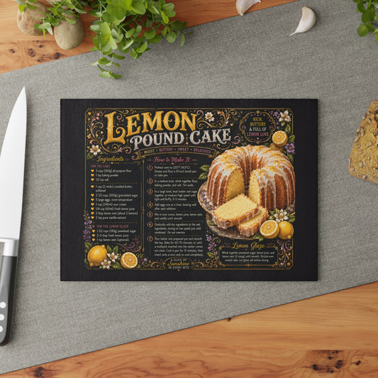 Lemon Pound Cake Glass Cutting Board – Vintage Bakery Kitchen Decor – Grandma’s Recipe Inspired Dessert Board – Colorful Cottagecore Gift