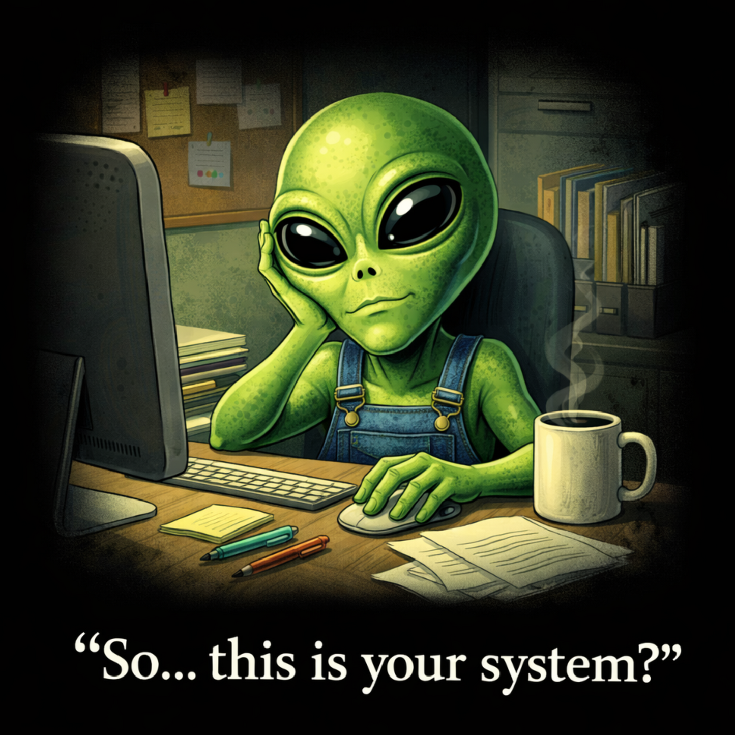 “So… This Is Your System?” – Alien Office Reality Unisex Softstyle T-Shirt