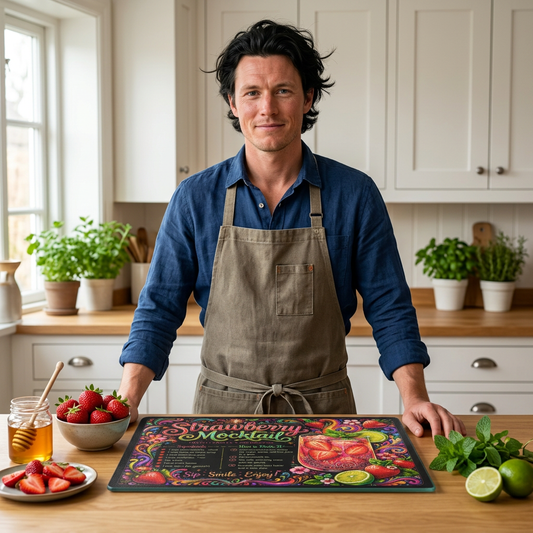 Strawberry Mocktail Glass Cutting Board – Colorful Summer Kitchen Decor – Psychedelic Fruit Recipe Board – Fun Cocktail Inspired Gift