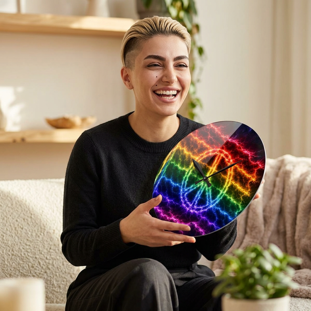 Electric Pride Peace Wall Clock – Rainbow Lightning Acrylic Clock (Round & Square)
