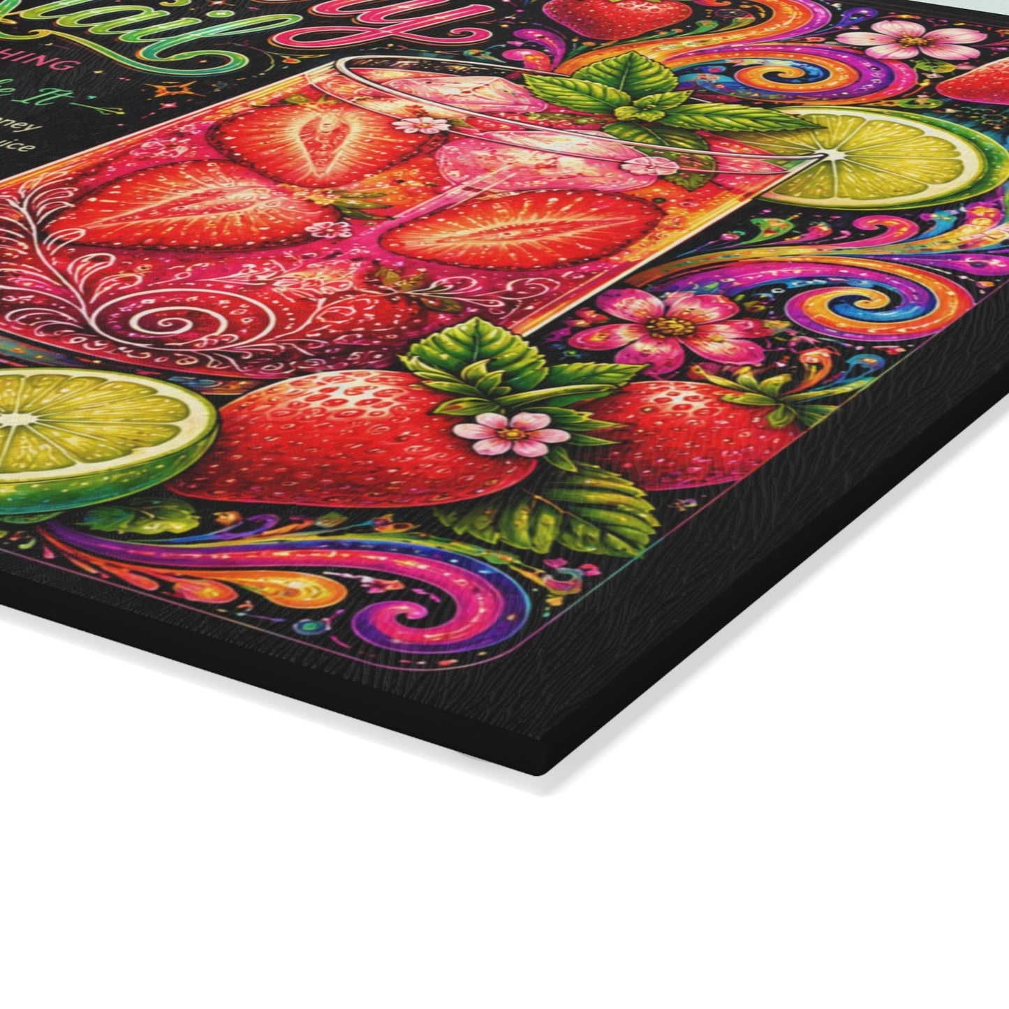 Strawberry Mocktail Glass Cutting Board – Colorful Summer Kitchen Decor – Psychedelic Fruit Recipe Board – Fun Cocktail Inspired Gift