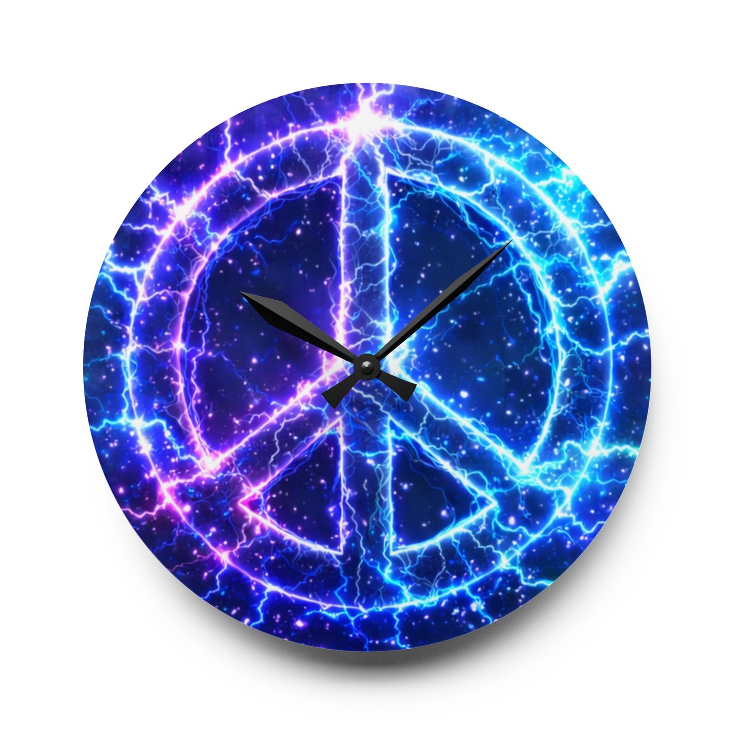 Electric Peace Acrylic Wall Clock – Neon Cosmic Peace Sign Decor