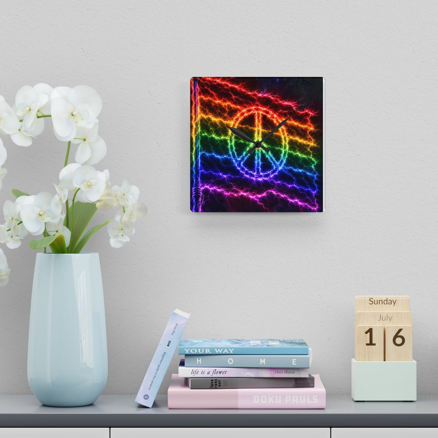 Electric Pride Peace Wall Clock – Rainbow Lightning Acrylic Clock (Round & Square)