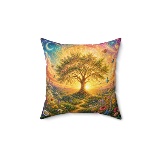 Golden Renewal – Tree of Light|Faux Suede Pillow -The Light Within Home Collection